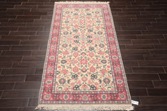 Runner Ivory, Pink, Blue Color Hand Knotted All-Over 100% Wool Traditional Oriental Rug