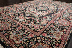 6x9 Charcoal, Ivory, Rose Color Hand Knotted French Aubusson Savonnerie Wool Traditional Oriental Rug
