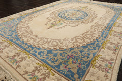 6x9 Ivory, Aqua, Lime Color Hand Knotted French Aubusson Savonnerie Wool Traditional Oriental Rug