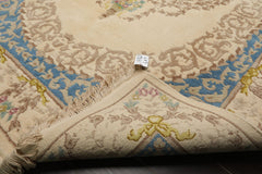 6x9 Ivory, Aqua, Lime Color Hand Knotted French Aubusson Savonnerie Wool Traditional Oriental Rug