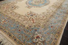 6x9 Ivory, Turquoise, Tan Color Hand Knotted Kerman New Zealand Wool Traditional Oriental Rug