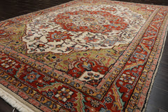 6x9 Ivory, Burnt Orange, Lime Color Hand Knotted Heriz Wool Arts & Crafts Oriental Rug