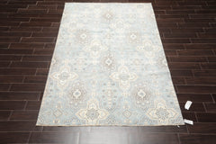 6x9 Blue, Ivory, Gray Color Hand Knotted Geometric 100% Wool Transitional Oriental Rug