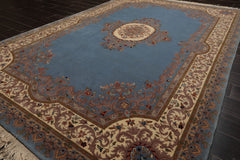 6x9 Blue, Ivory, Taupe Color Hand Knotted French Aubusson Savonnerie Wool Traditional Oriental Rug