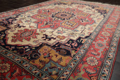 6x9 Pink, Ivory, Midnight Blue Color Hand Knotted Heriz New Zealand Wool Arts & Crafts Oriental Rug