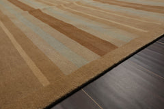 8x10 Tan, Aqua, Brown Color Hand Knotted Striped 100% Wool Modern Oriental Rug