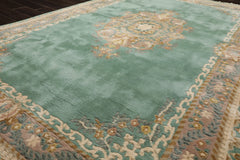 6x9 Aqua, Ivory, Taupe Color Hand Knotted French Aubusson Savonnerie New Zealand Wool Traditional Oriental Rug
