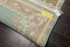 6x9 Aqua, Ivory, Taupe Color Hand Knotted French Aubusson Savonnerie New Zealand Wool Traditional Oriental Rug