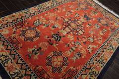 6x9 Orange, Navy, Gold Color Hand Knotted Chinese Art Deco New Zealand Wool Traditional Oriental Rug
