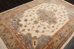 6x9 Ivory, Tan, Blue Color Hand Knotted Heriz New Zealand Wool Traditional Oriental Rug