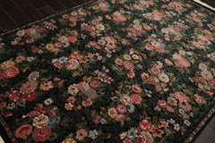 6x9 Black, Green, Ivory Color Hand Knotted Aubusson Savonnerie Wool Traditional Oriental Rug