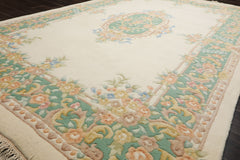 6x9 Ivory, Aqua, Peach Color Hand Knotted Aubusson Savonnerie Wool Traditional Oriental Rug