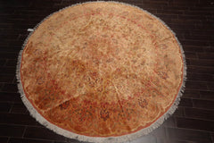 Round Tan, Peach Hand Knotted Wool and Silk Tabriz Traditional Oriental Area Rug