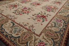 6x9 Ivory, Teal, Brown Color Hand Woven French Needlepoint Wool Traditional Oriental Rug