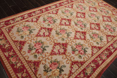 6x9 Beige, Fuschia, Green Color Hand Knotted Aubusson Savonnerrie Wool Traditional Oriental Rug