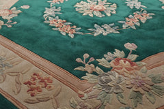 Square Emerald, Tan, Taupe Color Hand Knotted Aubusson Savonnerrie Wool Traditional Oriental Rug