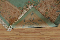 Oversize Sea Foam, Green, Light Peach Color Hand Knotted Aubusson Savonnerie Wool Traditional Oriental Rug