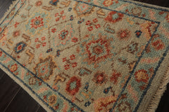 2x3 Beige, Aqua, Rust Color Hand Knotted Oushak Wool Transitional Oriental Rug