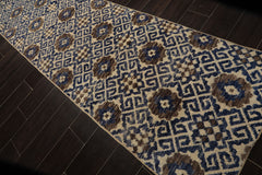Runner Ivory, Blue, Brown Color Hand Knotted Oushak Wool Transitional Oriental Rug