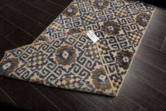 Runner Ivory, Blue, Brown Color Hand Knotted Oushak Wool Transitional Oriental Rug