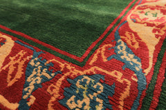 5x7 Green, Coral, Peach Color Hand Knotted Tibetan Wool Transitional Oriental Rug
