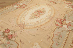 8x10 Tan, Ivory, Green Color Hand Woven French Aubusson Needlepoint Wool Traditional Oriental Rug