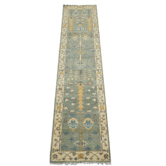 Runner Celadon, Ivory, Caramel Color Hand Knotted Oushak Wool Traditional Oriental Rug
