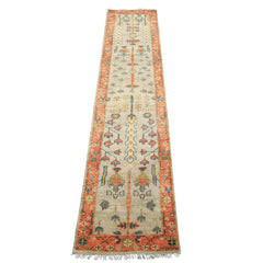 Runner Gray, Mint, Beige Color Hand Knotted Oushak Wool Traditional Oriental Rug