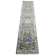 Runner Slate, Aqua, Navy Color Hand Knotted Oushak Wool Traditional Oriental Rug