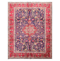 6x9 Blue, Red, Ivory Color Hand Knotted All-Over 100% Wool Antique Oriental Rug