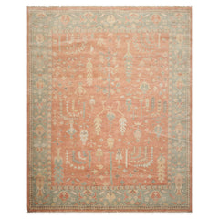 8x10 Orange, Sage, Gold Color Hand Knotted Distressed Wool Traditional Oriental Rug