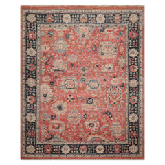 8x10 Coral, Charcoal, Beige Color Hand Knotted Distressed Wool Traditional Oriental Rug