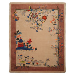 8x10 Beige Rose Navy Color Hand Tufted Pictorial New Zealand Wool Oriental Rug