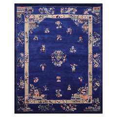 8x10 Royal Blue Beige Tan Color Hand Tufted Pictorial New Zealand Wool Oriental Rug