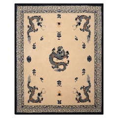 8x10 Ivory Navy Gray Color Hand Tufted Dragon New Zealand Wool Oriental Rug
