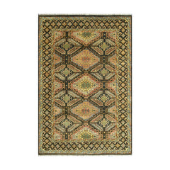 6x9 Gold Forest Green Peach Color Hand Knotted Transitional Wool Transitional Oriental Rug