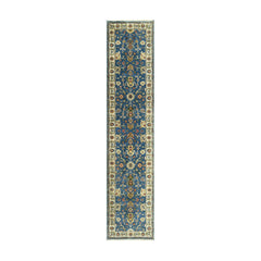 Runner Blue Ivory Tan Color Hand Knotted Oushak Wool Traditional Oriental Rug