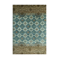 4x6 Teal Tan Ivory Color Hand Knotted Transitional Wool Transitional Oriental Rug