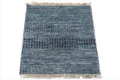 2'x2' Tibetan Blue Modern Wool and Bamboo Silk Oriental Rug
