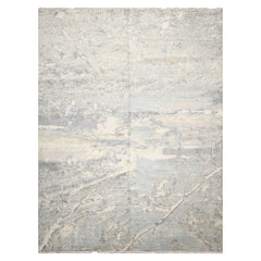 9' x 11'11" Ivory Hand Knotted Tibetan Wool and Silk Modern Oriental Area Rug
