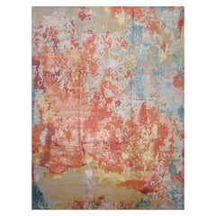 9x12 Teracotta, Peach, Aqua Color Hand Knotted Sherpa Wool and Silk Modern Oriental Rug