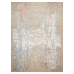 9x12 Ivory, Sea Foam, Taupe Color Hand Knotted Sherpa Wool and Silk Contemporary Oriental Rug
