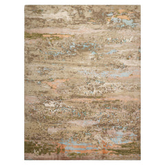 9x12 Beige, Green, Aqua Color Hand Knotted Sherpa Wool and Silk Contemporary Oriental Rug