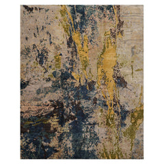 8x10 Beige, Blue, Gold Color Hand Knotted Sherpa Wool and Silk Modern Oriental Rug
