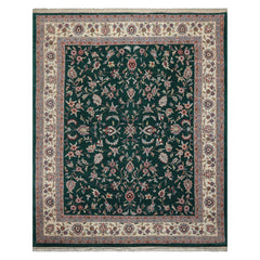 8x10 Emerald, Ivory, Rose Color Hand Knotted Jahan Wool Traditional Oriental Rug