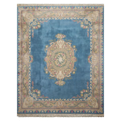 8x10 Baby Blue, Beige, Rose Color Hand Knotted French Aubusson Savonnerie Wool Traditional Oriental Rug