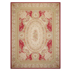 9x12 Crimson, Ivory, Mint Color Hand Woven French Aubusson Flatweave Wool Traditional Oriental Rug