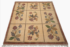 8x10 Ivory, Rust, Gray Color Hand Knotted Tibetan Wool Transitional Oriental Rug