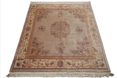 Square Taupe, Ivory, Tan Color Hand Knotted French Aubusson Savonnerie Wool Traditional Oriental Rug