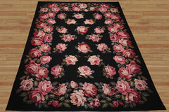9x12 Black, Pink, Green Color Hand Woven French Aubusson Needlepoint Wool Traditional Oriental Rug